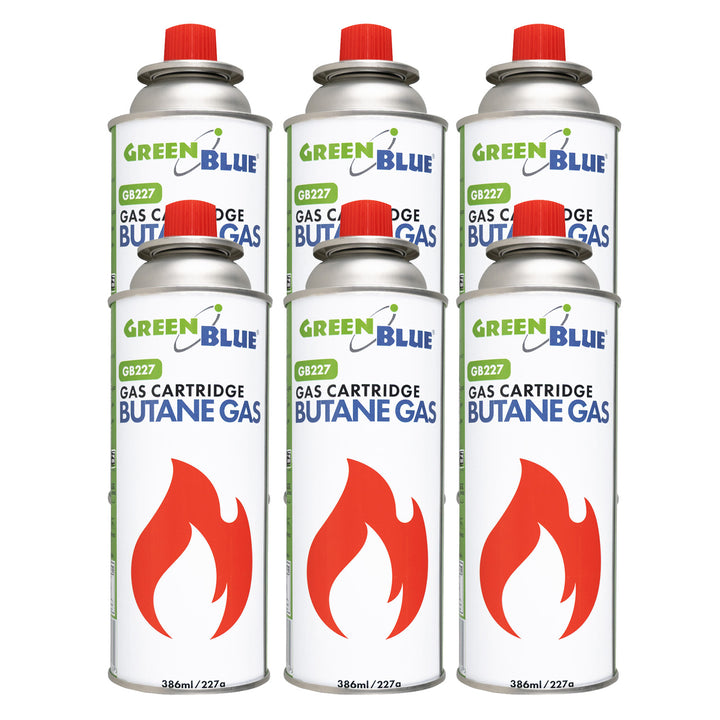 6 Gaspatronen à 227 g von GreenBlue. Zertifikat: Pi 0875, entspricht der Norm EN 417, Butan, Einsatzbereich -10 °C bis +40 °C, GB227