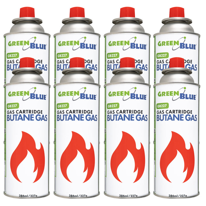 8 Gaspatronen à 227 g von GreenBlue. Zertifikat: Pi 0875, entspricht der Norm EN 417, Butan, Einsatzbereich -10 °C bis +40 °C, GB227