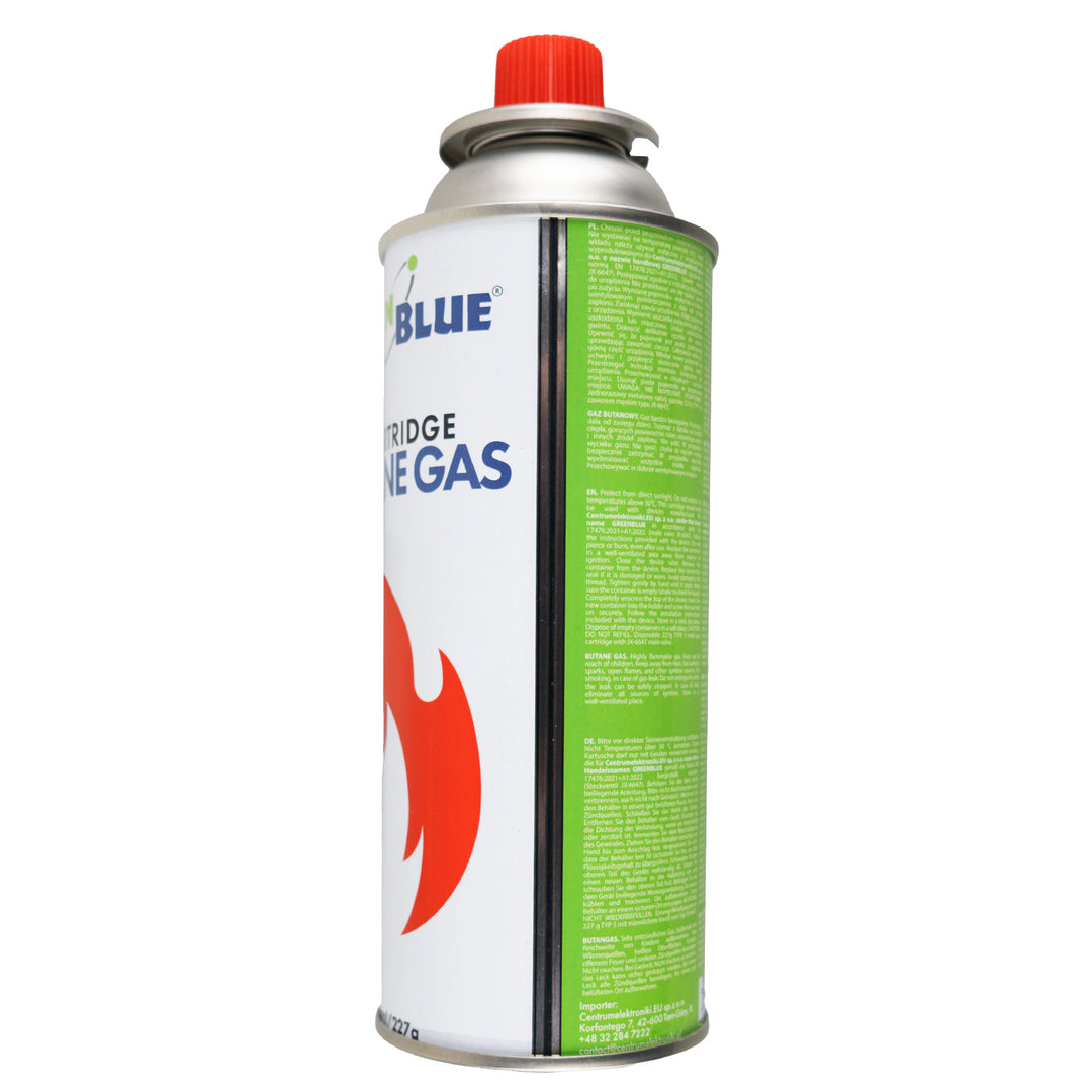 10 Gaspatronen à 227 g von GreenBlue. Zertifikat: Pi 0875, entspricht der Norm EN 417, Butan, Einsatzbereich -10 °C bis +40 °C, GB227