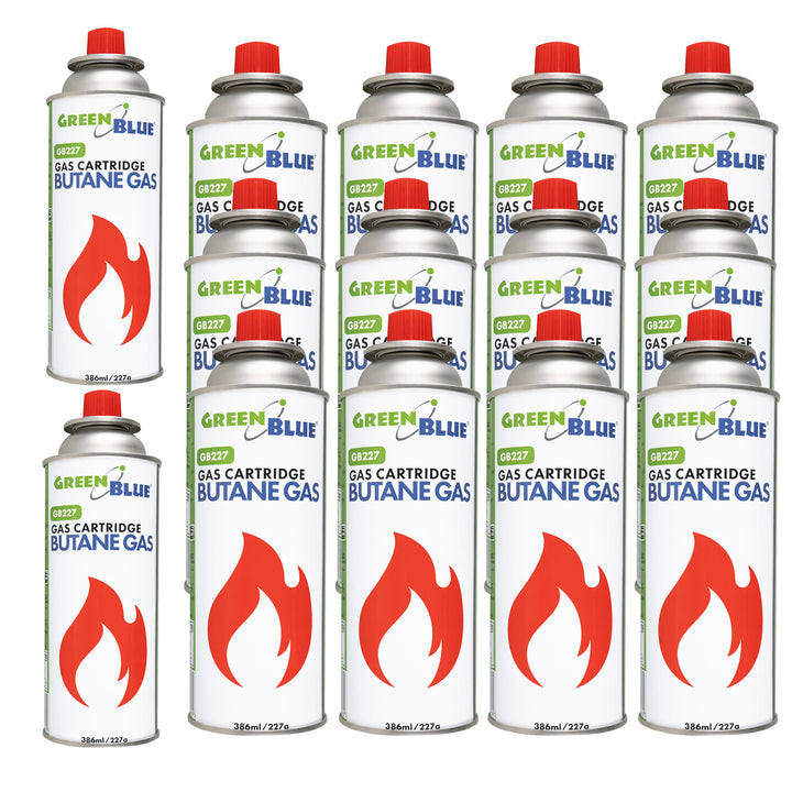 14 Gaspatronen à 227 g von GreenBlue. Zertifikat: Pi 0875, entspricht der Norm EN 417, Butan, Einsatzbereich -10 °C bis +40 °C, GB227