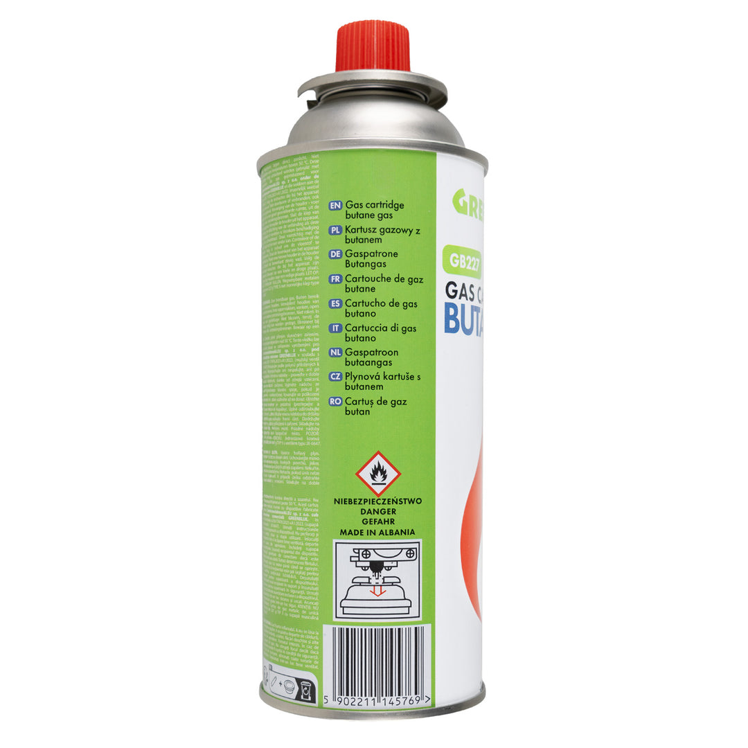 16 Gaspatronen à 227 g von GreenBlue. Zertifikat: Pi 0875, entspricht der Norm EN 417, Butan, Einsatzbereich -10 °C bis +40 °C, GB227