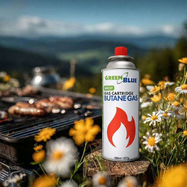 16 Gaspatronen à 227 g von GreenBlue. Zertifikat: Pi 0875, entspricht der Norm EN 417, Butan, Einsatzbereich -10 °C bis +40 °C, GB227