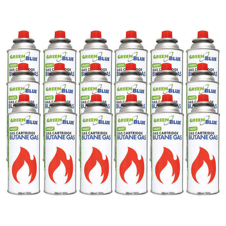 18 Gaspatronen à 227 g von GreenBlue. Zertifikat: Pi 0875, entspricht der Norm EN 417, Butan, Einsatzbereich -10 °C bis +40 °C, GB227
