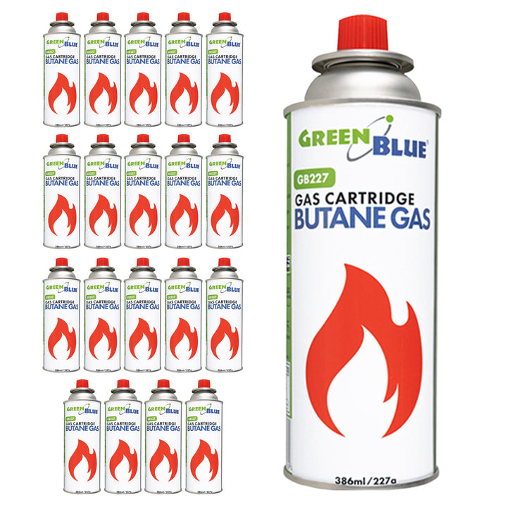 20 Gaspatronen à 227 g von GreenBlue. Zertifikat: Pi 0875, entspricht der Norm EN 417, Butan, Einsatzbereich -10 °C bis +40 °C, GB227