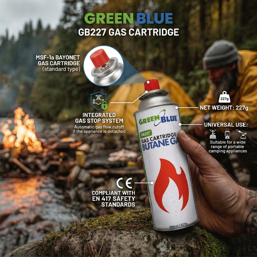 28 Gaspatronen à 227 g von GreenBlue. Zertifikat: Pi 0875, entspricht der Norm EN 417, Butan, Einsatzbereich -10 °C bis +40 °C, GB227