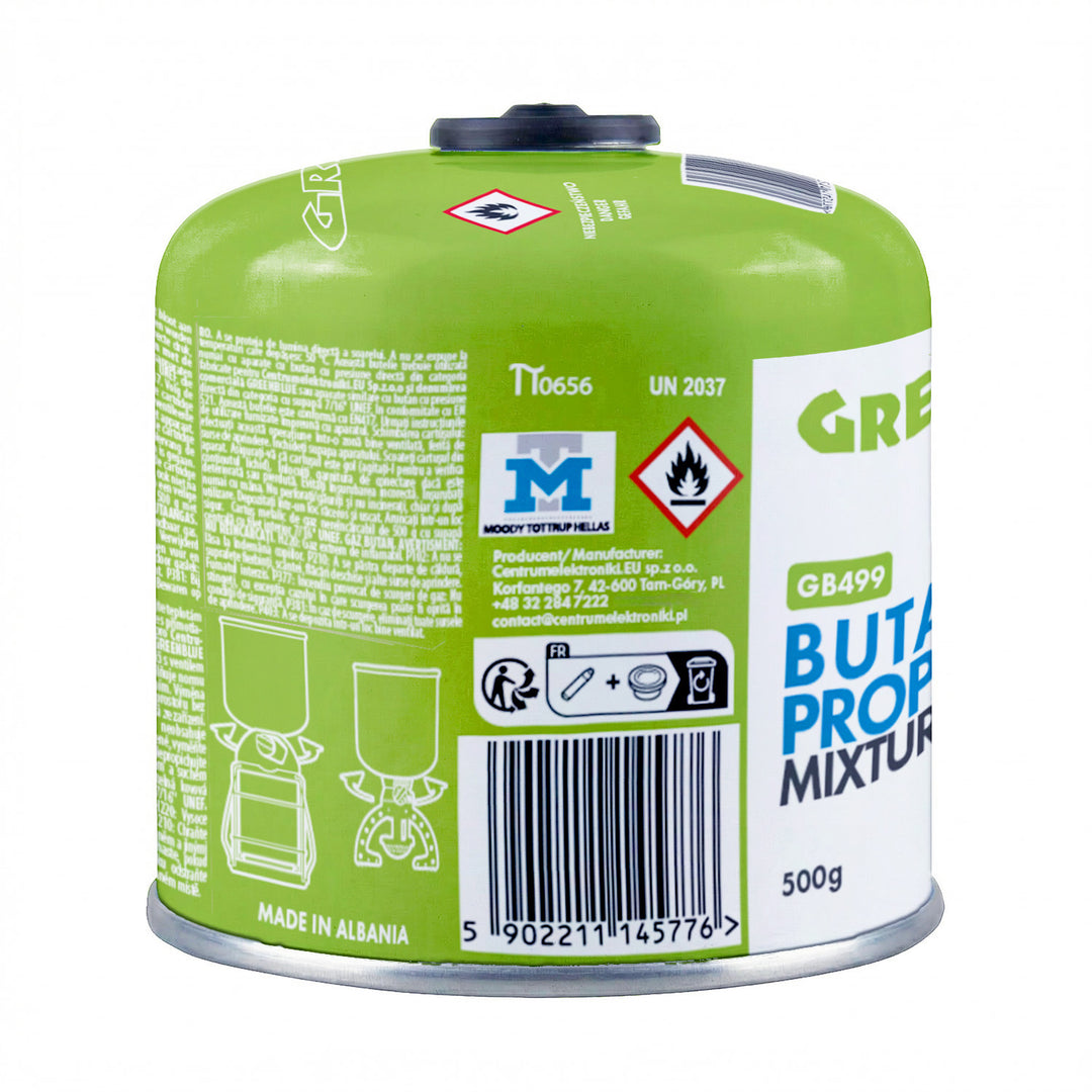 4 Gaspatronen à 500 g von GreenBlue. Zertifizierung: Pi 0437, gemäß EN 417, Butan-Propan, Temperaturbereich -10 °C bis +40 °C, Gewindeventil 7/16'' GB499