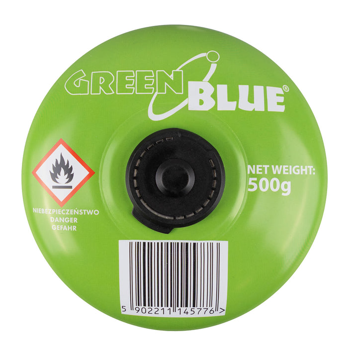 4 Gaspatronen à 500 g von GreenBlue. Zertifizierung: Pi 0437, gemäß EN 417, Butan-Propan, Temperaturbereich -10 °C bis +40 °C, Gewindeventil 7/16'' GB499