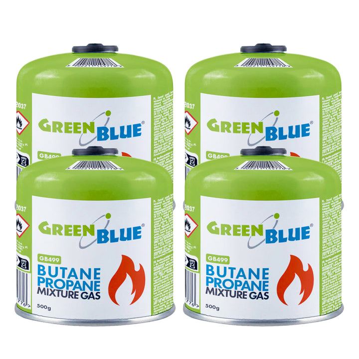 4 Gaspatronen à 500 g von GreenBlue. Zertifizierung: Pi 0437, gemäß EN 417, Butan-Propan, Temperaturbereich -10 °C bis +40 °C, Gewindeventil 7/16'' GB499