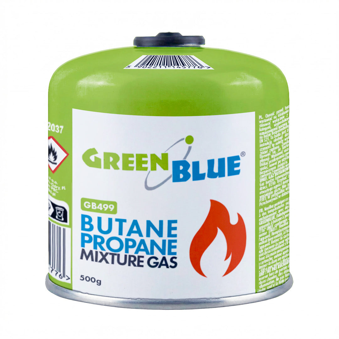 6 Gaspatronen à 500 g GreenBlue. Zertifizierung: Pi 0437, gemäß EN 417, Butan-Propan, Einsatzbereich -10 °C bis +40 °C, Gewindeventil 7/16'' GB499