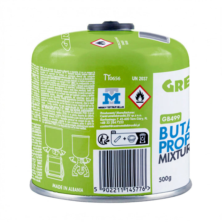 6 Gaspatronen à 500 g GreenBlue. Zertifizierung: Pi 0437, gemäß EN 417, Butan-Propan, Einsatzbereich -10 °C bis +40 °C, Gewindeventil 7/16'' GB499