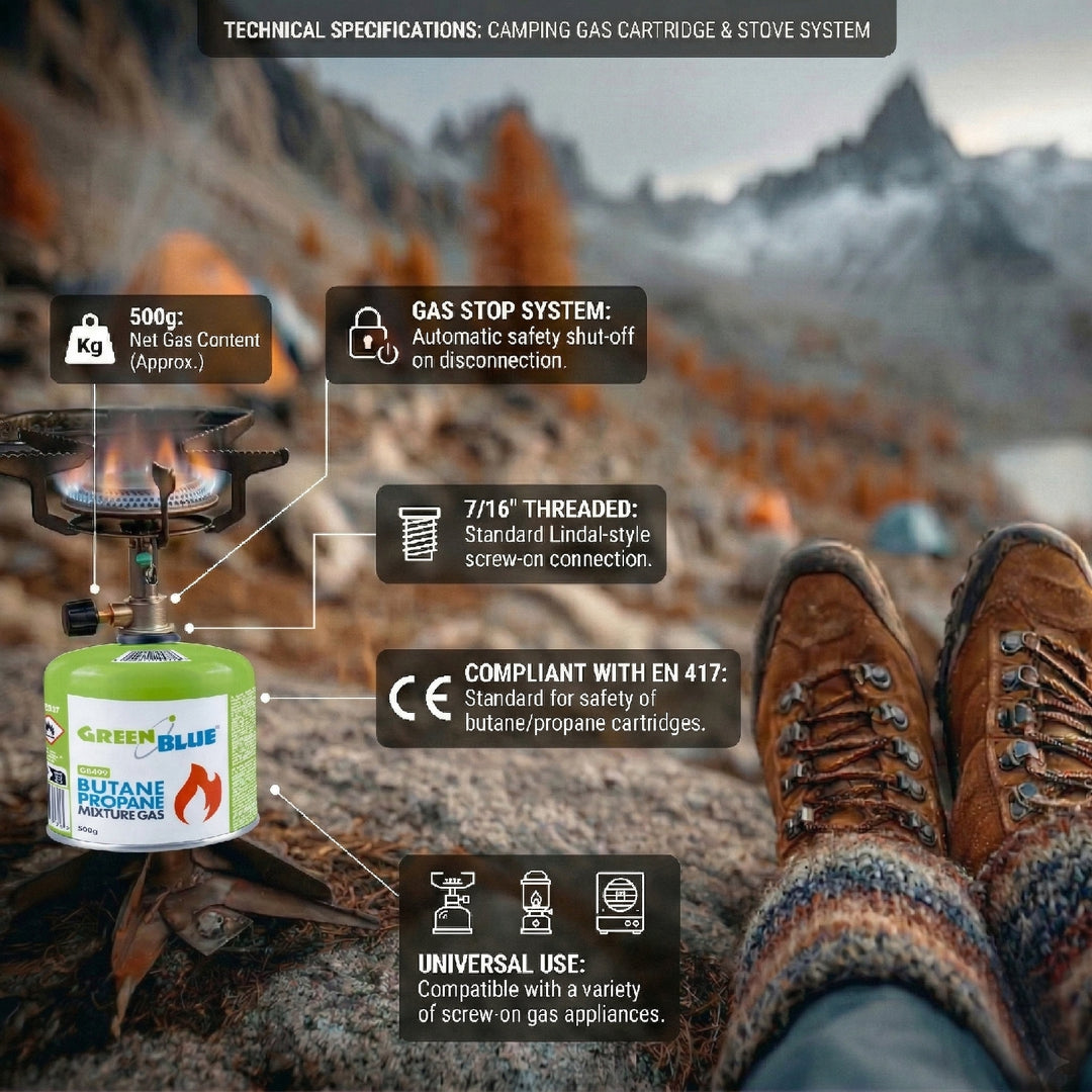 6 Gaspatronen à 500 g GreenBlue. Zertifizierung: Pi 0437, gemäß EN 417, Butan-Propan, Einsatzbereich -10 °C bis +40 °C, Gewindeventil 7/16'' GB499