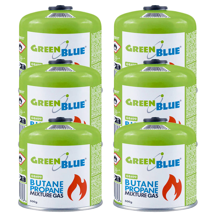 6 Gaspatronen à 500 g GreenBlue. Zertifizierung: Pi 0437, gemäß EN 417, Butan-Propan, Einsatzbereich -10 °C bis +40 °C, Gewindeventil 7/16'' GB499