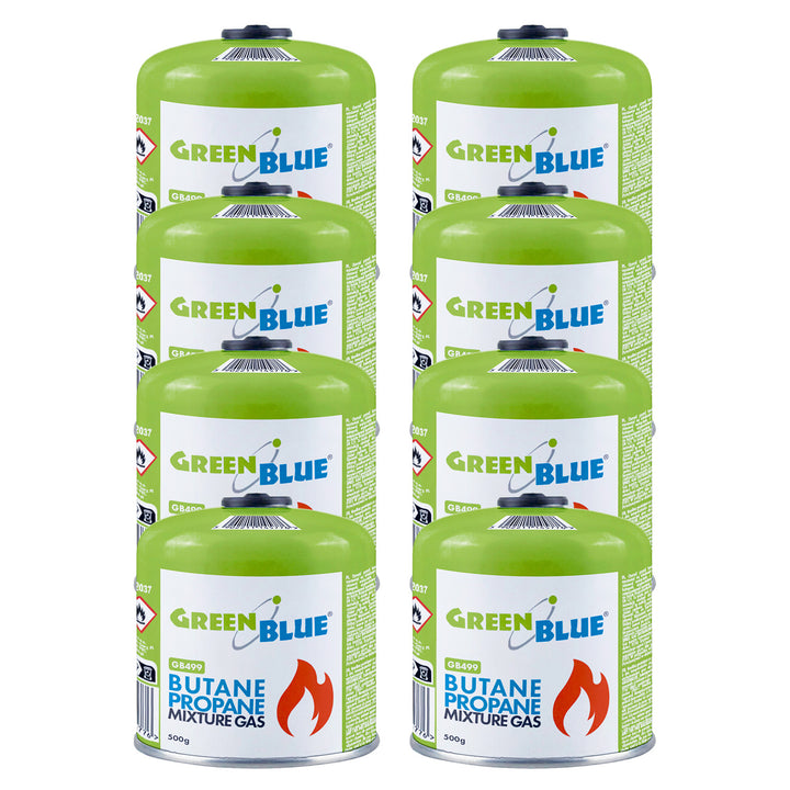 8 Gaspatronen à 500 g GreenBlue. Zertifizierung: Pi 0437, gemäß EN 417, Butan-Propan, Temperaturbereich -10 °C bis +40 °C, Gewindeventil 7/16'' GB499