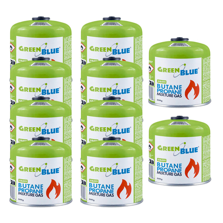 10 Gaspatronen à 500 g GreenBlue. Zertifizierung: Pi 0437, gemäß EN 417, Butan-Propan, Temperaturbereich -10 °C bis +40 °C, Gewindeventil 7/16'' GB499