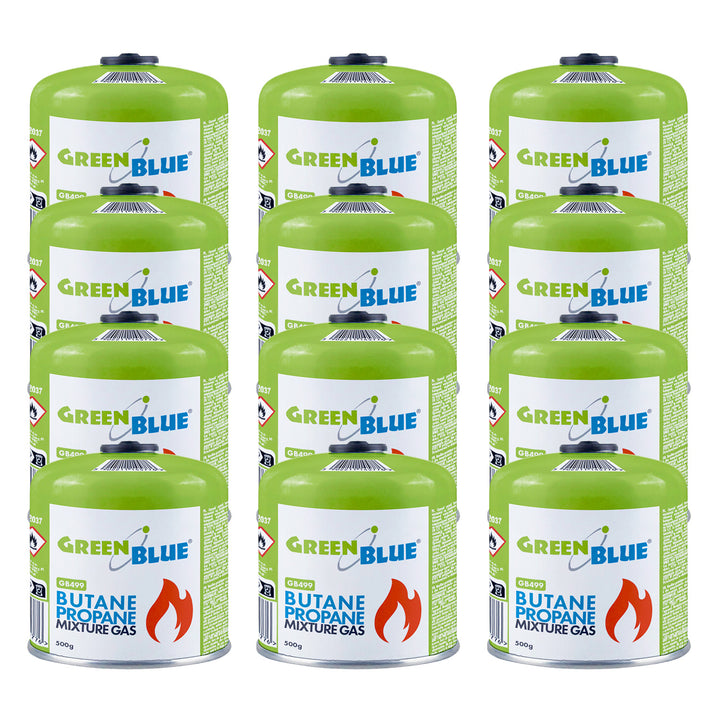12 Gaspatronen à 500 g GreenBlue. Zertifizierung: Pi 0437, gemäß EN 417, Butan-Propan, Temperaturbereich -10 °C bis +40 °C, Gewindeventil 7/16'' GB499