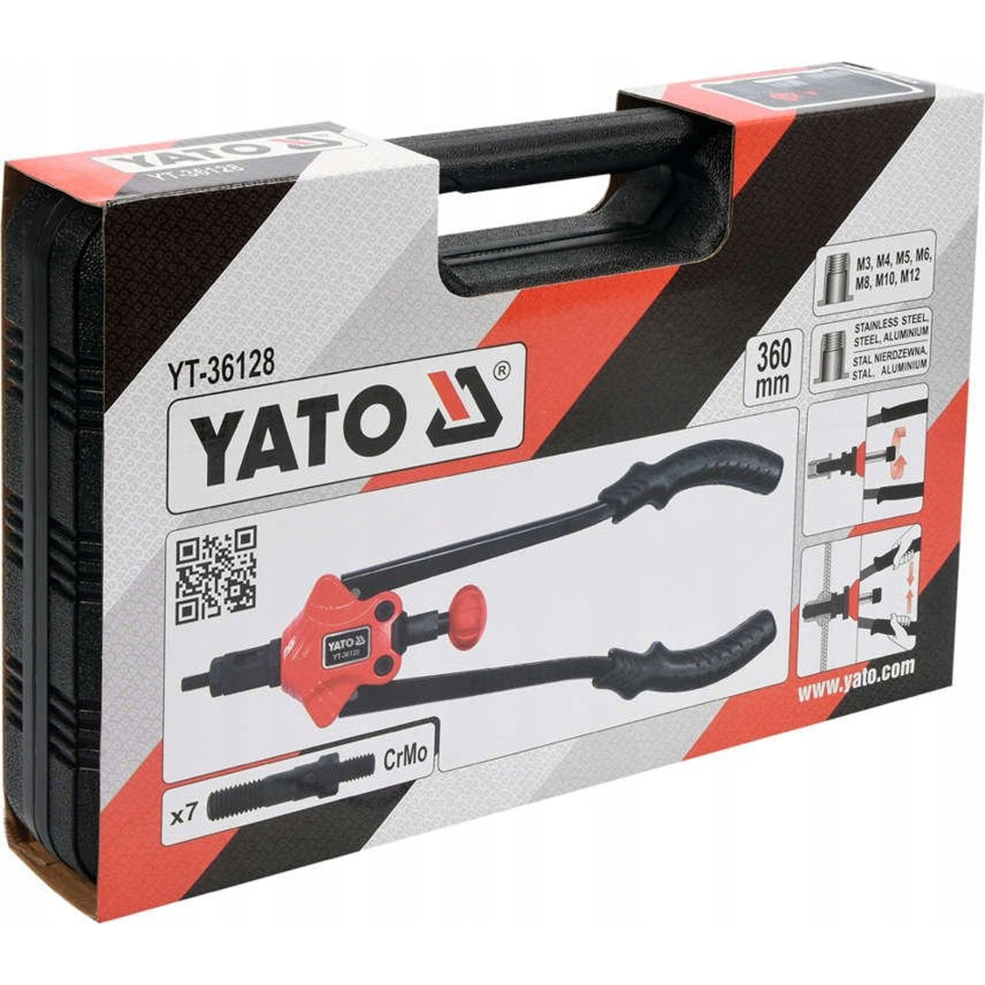 Yato Handnietmaschine für Nietmuttern der Größen M3–M12, rutschfester Griff, Köpfe aus robustem CrMo-Stahl, YT-36128