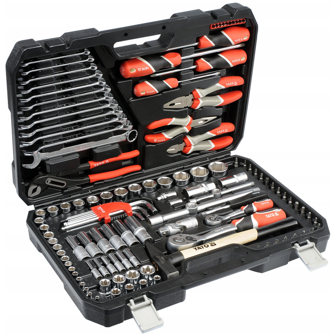 Professioneller Werkzeugsatz von Yato, 122-teilig (Steckschlüssel, Steckschlüsseleinsätze, Schraubendreher, Hammer), Schraubendreher mit magnetischen und gehärteten Spitzen, YT-38901
