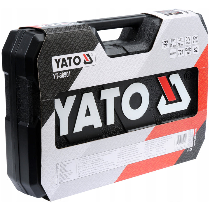 Professioneller Werkzeugsatz von Yato, 122-teilig (Steckschlüssel, Steckschlüsseleinsätze, Schraubendreher, Hammer), Schraubendreher mit magnetischen und gehärteten Spitzen, YT-38901