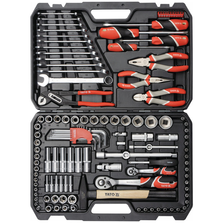 Professioneller Werkzeugsatz von Yato, 122-teilig (Steckschlüssel, Steckschlüsseleinsätze, Schraubendreher, Hammer), Schraubendreher mit magnetischen und gehärteten Spitzen, YT-38901