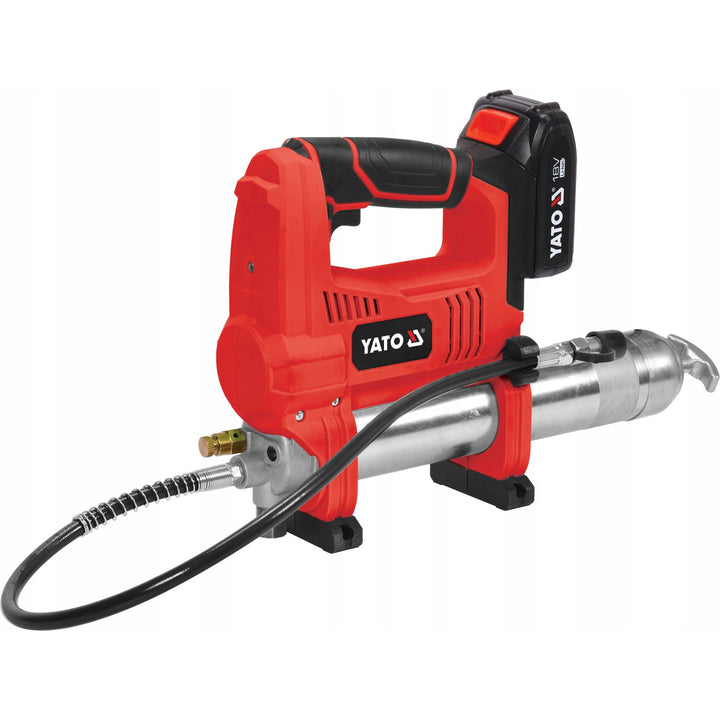 Yato Akku-Schmierpistole, inklusive Ladegerät und 3-Ah-Akku, 620 bar Druck, integrierte LED-Arbeitsbeleuchtung, hohe Leistung und Durchsatz von 284 g/min, YT-07020