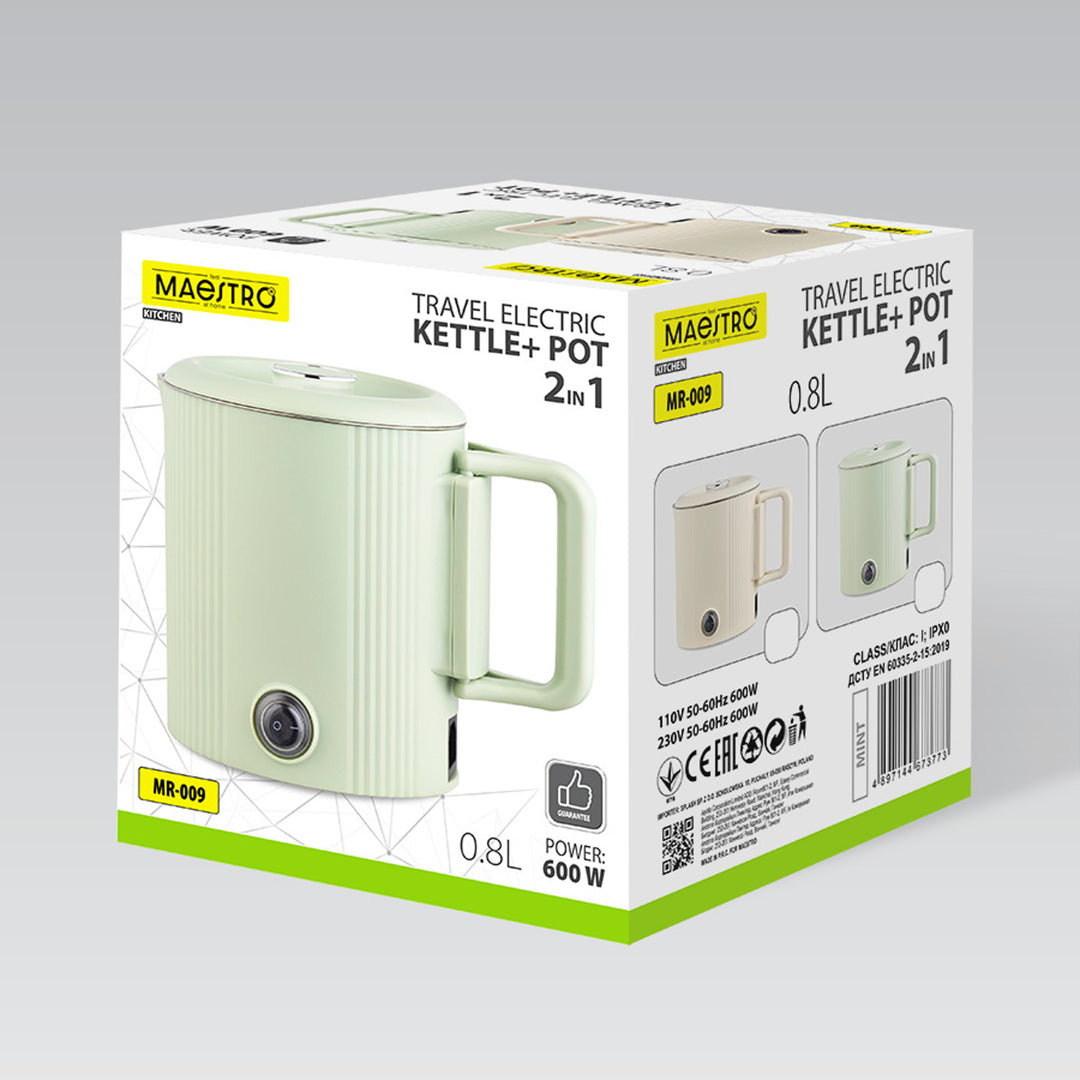 Maestro Wasserkocher / Reisekocher, 2-in-1, Fassungsvermögen 0,8 l, Leistung 600 W, klappbarer Griff, Spannungsumschalter 110 V/230 V, Farbe: Mint, MR-009-MINT
