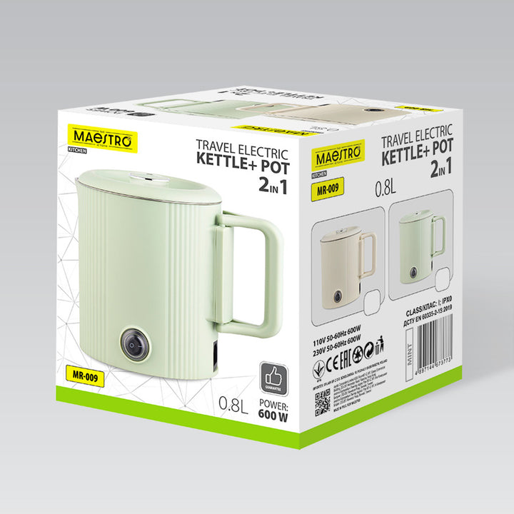 Maestro Wasserkocher / Reisekocher, 2-in-1, Fassungsvermögen 0,8 l, Leistung 600 W, klappbarer Griff, Spannungsumschalter 110 V/230 V, Farbe: Mint, MR-009-MINT