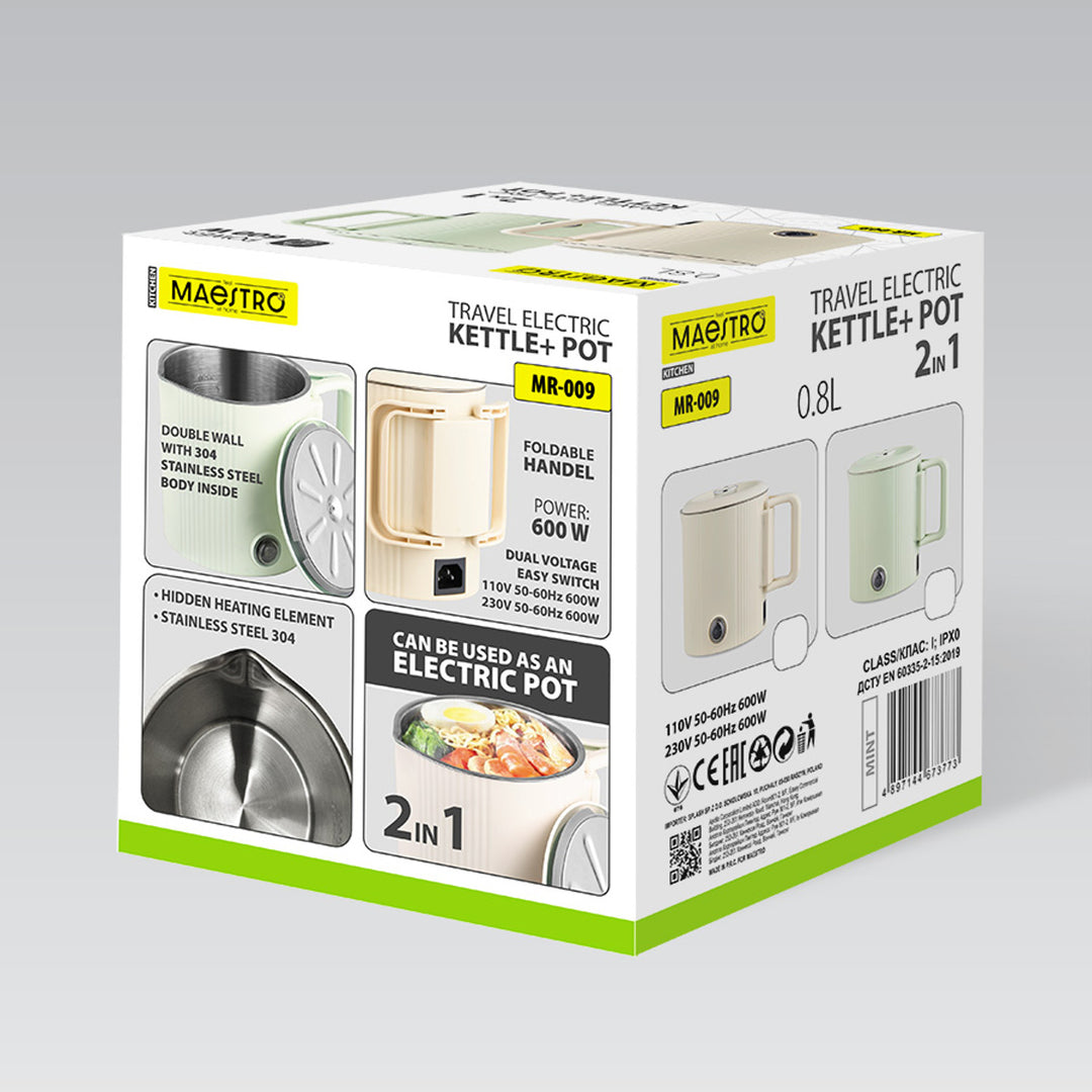Maestro Wasserkocher / Reisekocher, 2-in-1, Fassungsvermögen 0,8 l, Leistung 600 W, klappbarer Griff, Spannungsumschalter 110 V/230 V, Farbe: Mint, MR-009-MINT
