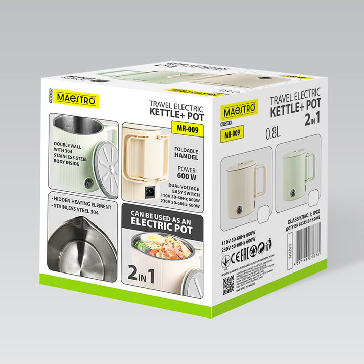 Maestro Wasserkocher / Reisekocher, 2-in-1, Fassungsvermögen 0,8 l, Leistung 600 W, klappbarer Griff, Spannungsumschalter 110 V/230 V, Farbe: Mint, MR-009-MINT
