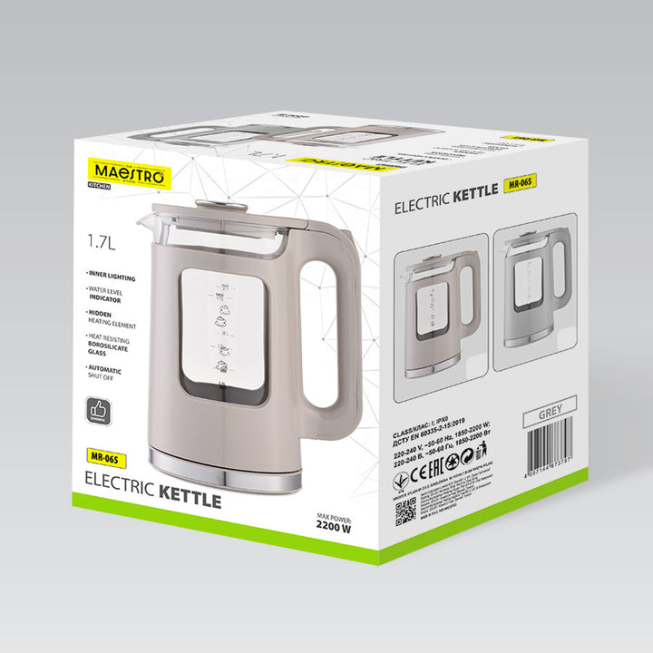 Maestro Glas-Wasserkocher, Fassungsvermögen 1,7 l, Leistung 2200 W, Wasserstandsanzeige, LED-Beleuchtung, drehbarer Sockel, Farbe: Grau, MR-065-GREY