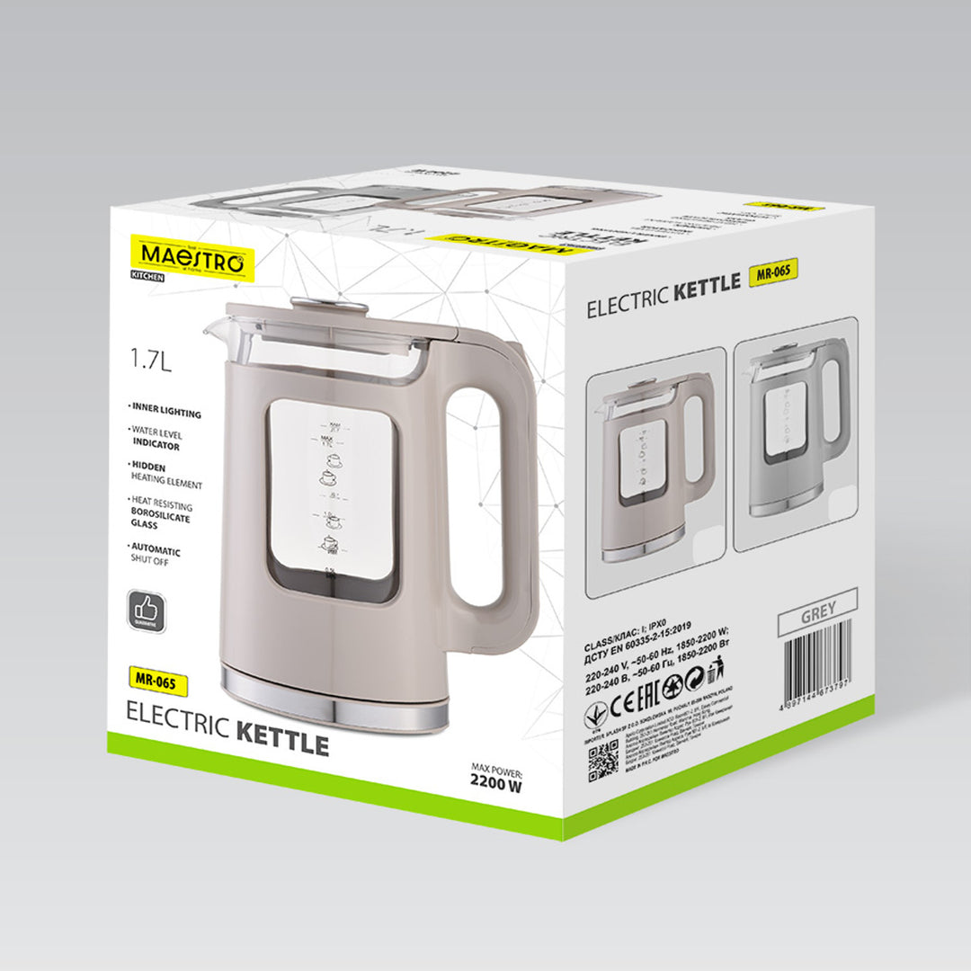 Maestro Glas-Wasserkocher, Fassungsvermögen 1,7 l, Leistung 2200 W, Wasserstandsanzeige, LED-Beleuchtung, drehbarer Sockel, Farbe: Beige, MR-065-BEIGE