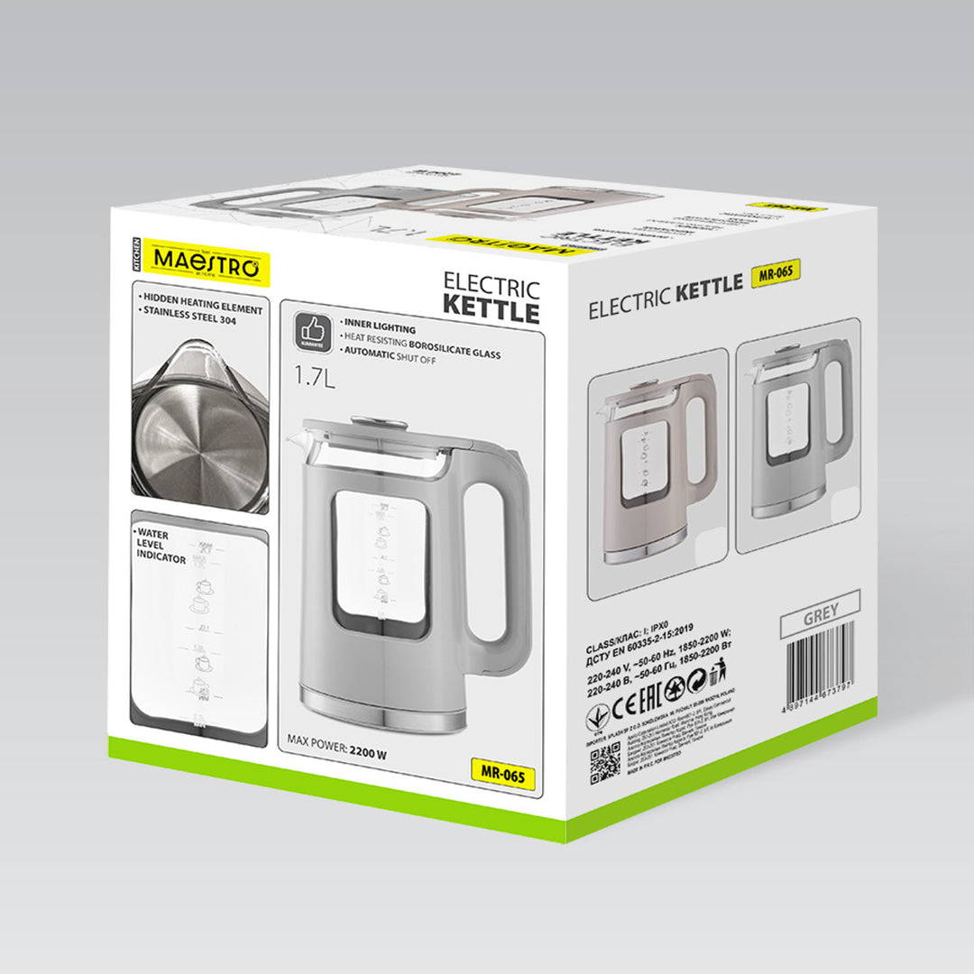 Maestro Glas-Wasserkocher, Fassungsvermögen 1,7 l, Leistung 2200 W, Wasserstandsanzeige, LED-Beleuchtung, drehbarer Sockel, Farbe: Beige, MR-065-BEIGE