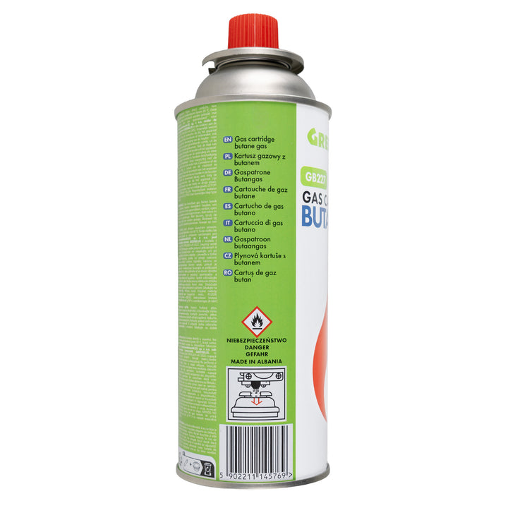 56x GreenBlue-Gaskartusche, 227 g. Zertifikat: Pi 0875, entspricht der Norm EN 417, Butan, Einsatzbereich -10 °C bis +40 °C, GB227