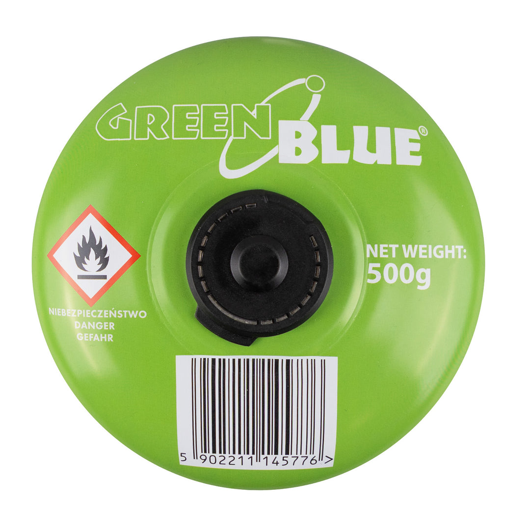 24 Gaspatronen à 500 g GreenBlue. Zertifizierung: Pi 0437, gemäß EN 417, Butan-Propan, Einsatzbereich -10 °C bis +40 °C, Gewindeventil 7/16'' GB499