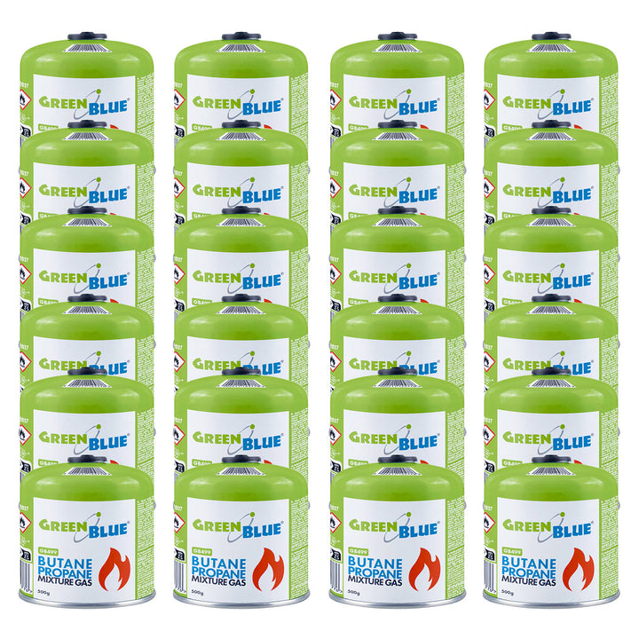 24 Gaspatronen à 500 g GreenBlue. Zertifizierung: Pi 0437, gemäß EN 417, Butan-Propan, Einsatzbereich -10 °C bis +40 °C, Gewindeventil 7/16'' GB499
