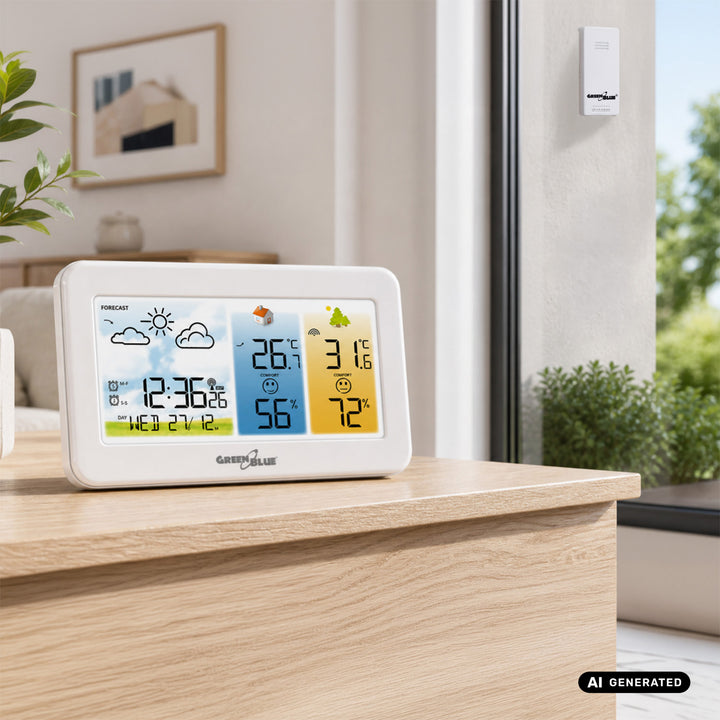 GreenBlue Funk-Wetterstation, Temperatur + Luftfeuchtigkeit innen/außen, Uhr/Wecker/Datum, °C / °F, Reichweite bis zu 60 m, GB442 W