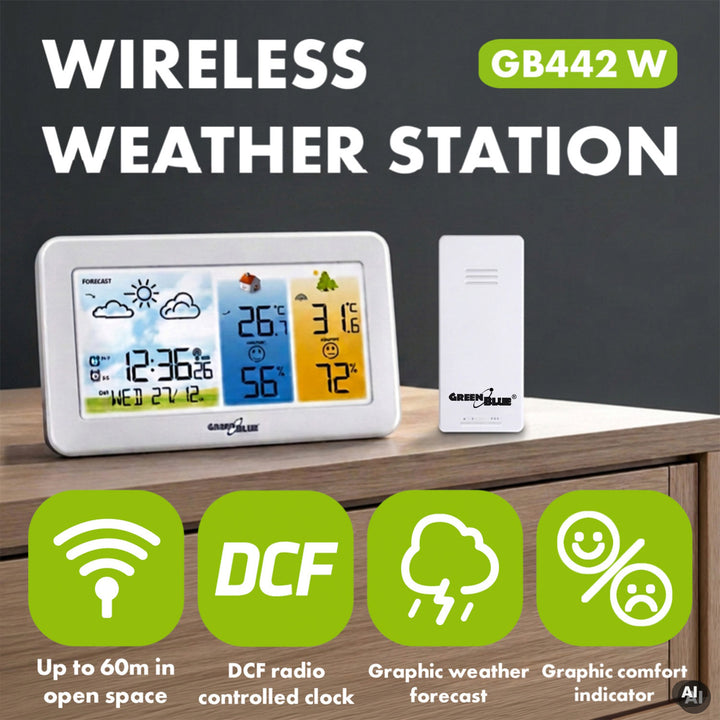 GreenBlue Funk-Wetterstation, Temperatur + Luftfeuchtigkeit innen/außen, Uhr/Wecker/Datum, °C / °F, Reichweite bis zu 60 m, GB442 W