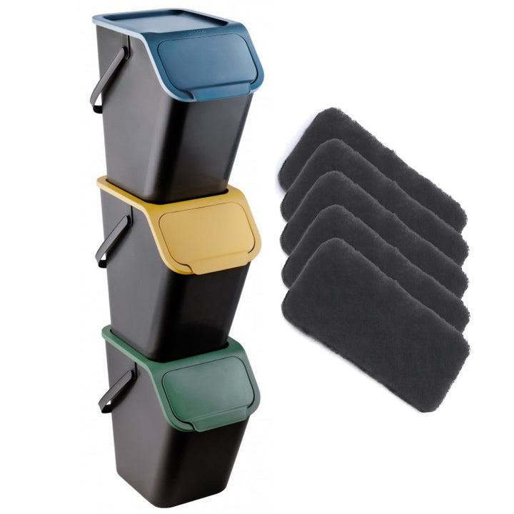 Set mit 3 Mülltrennungsbehältern (25 l) von Practic Bini + 5 Stück Aktivkohlefilter