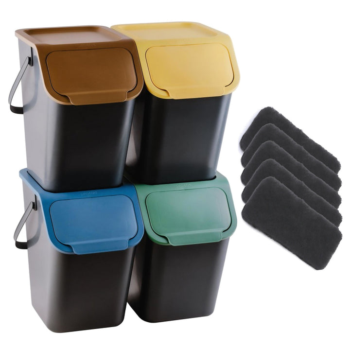 4er-Set schwarzer BINI-Mülltrennbehälter mit farbigen Deckeln (gelb/grün/blau/braun) + 5 Stück Aktivkohlefilter