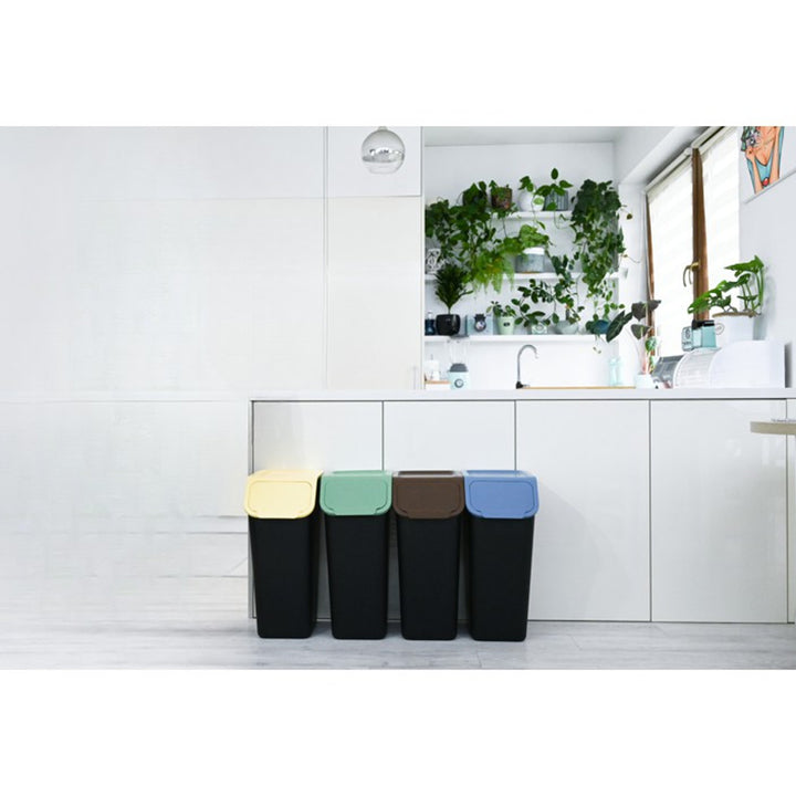Set mit 4 schwarzen Abfalltrennbehältern BINI (4 x 35 l) mit Deckeln in den Farben Blau/Grün/Gelb/Braun + 5 Stück Aktivkohlefilter