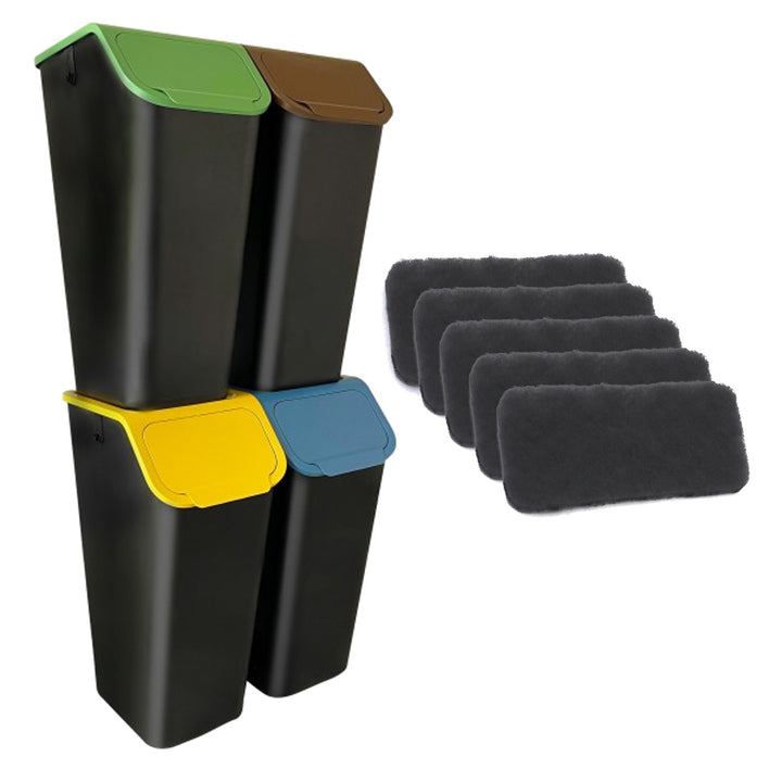 Set mit 4 schwarzen Abfalltrennbehältern BINI (4 x 35 l) mit Deckeln in den Farben Blau/Grün/Gelb/Braun + 5 Stück Aktivkohlefilter
