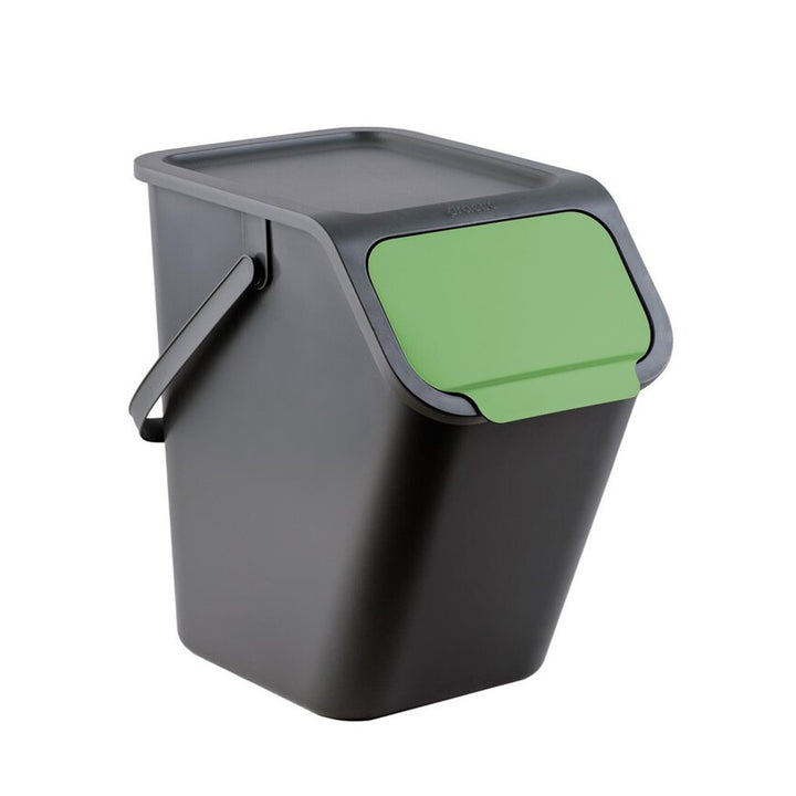 Set mit 3 schwarzen BINI-Abfalltrennbehältern (25 l) mit schwarzem Deckel und farbiger Klappe (blau/grün/gelb) + 5 Stück Aktivkohlefilter