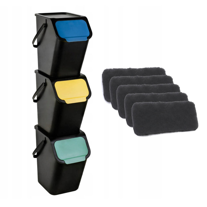 Set mit 3 schwarzen BINI-Abfalltrennbehältern (25 l) mit schwarzem Deckel und farbiger Klappe (blau/grün/gelb) + 5 Stück Aktivkohlefilter