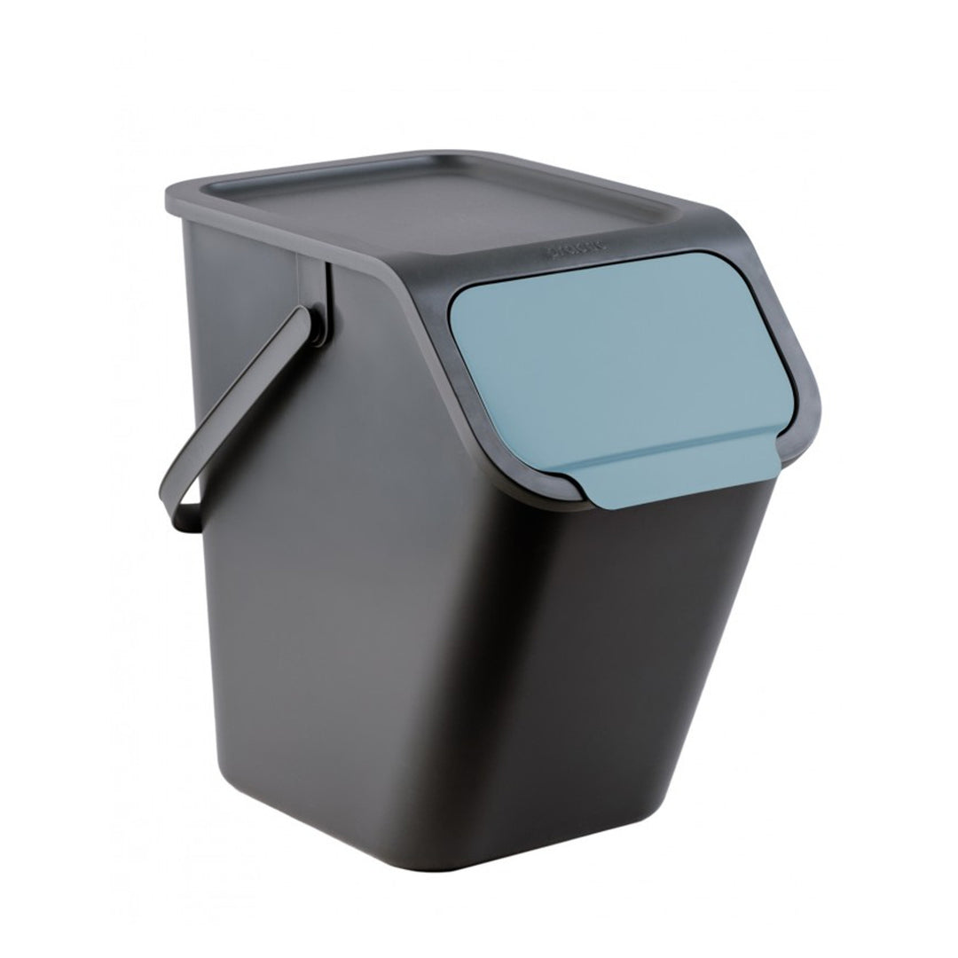 Set mit 4 schwarzen BINI-Behältern (4 x 25 l), mit schwarzem Deckel, Klappenfarben: gelb, blau, grün, braun + 5 Stück Aktivkohlefilter