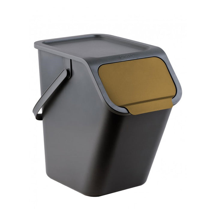 Set mit 4 schwarzen BINI-Behältern (4 x 25 l), mit schwarzem Deckel, Klappenfarben: gelb, blau, grün, braun + 5 Stück Aktivkohlefilter