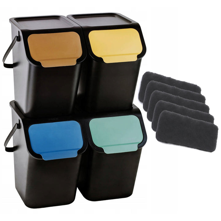 Set mit 4 schwarzen BINI-Behältern (4 x 25 l), mit schwarzem Deckel, Klappenfarben: gelb, blau, grün, braun + 5 Stück Aktivkohlefilter