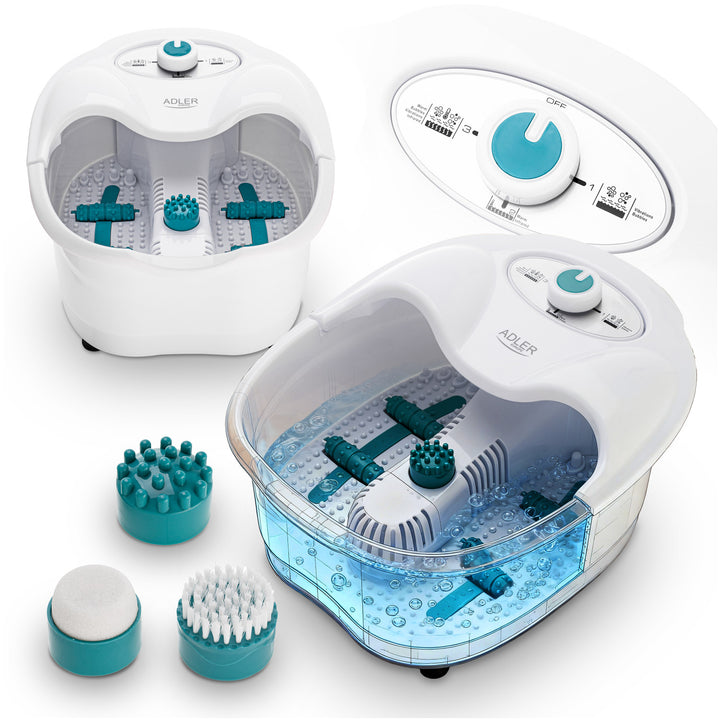 Adler Fußmassagegerät, Sprudel-, Vibrations- und Wärmemassage, Infrarot, 4 Rollen + 3 Aufsätze, AD 2167 White