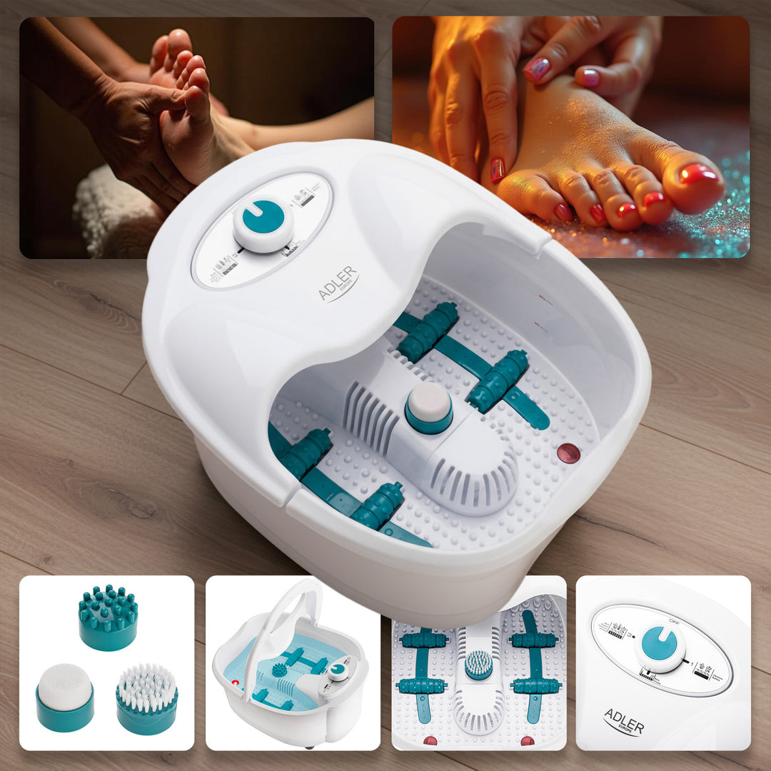 Adler Fußmassagegerät, Sprudel-, Vibrations- und Wärmemassage, Infrarot, 4 Rollen + 3 Aufsätze, AD 2167 White