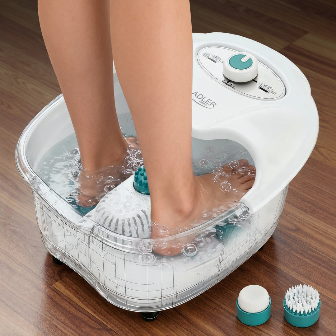 Adler Fußmassagegerät, Sprudel-, Vibrations- und Wärmemassage, Infrarot, 4 Rollen + 3 Aufsätze, AD 2167 White