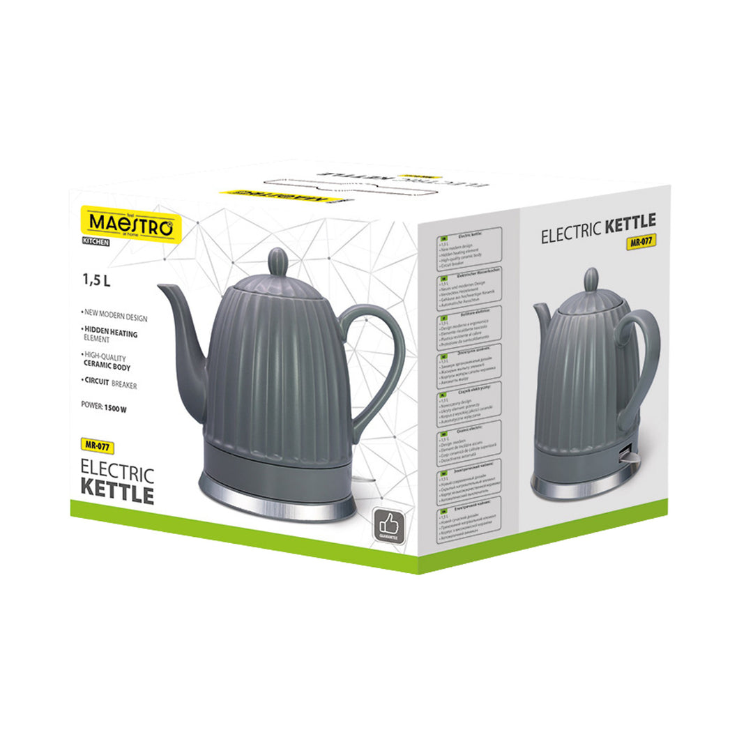 Maestro Keramik-Wasserkocher, Farbe: Grau, Leistung: 1500 W, Fassungsvermögen: 1,5 l, drehbarer Sockel, Wasserstandsanzeige, Netzkabel: 65 cm, MR-077