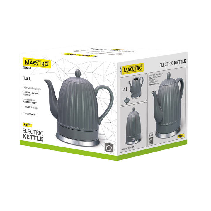 Maestro Keramik-Wasserkocher, Farbe: Grau, Leistung: 1500 W, Fassungsvermögen: 1,5 l, drehbarer Sockel, Wasserstandsanzeige, Netzkabel: 65 cm, MR-077